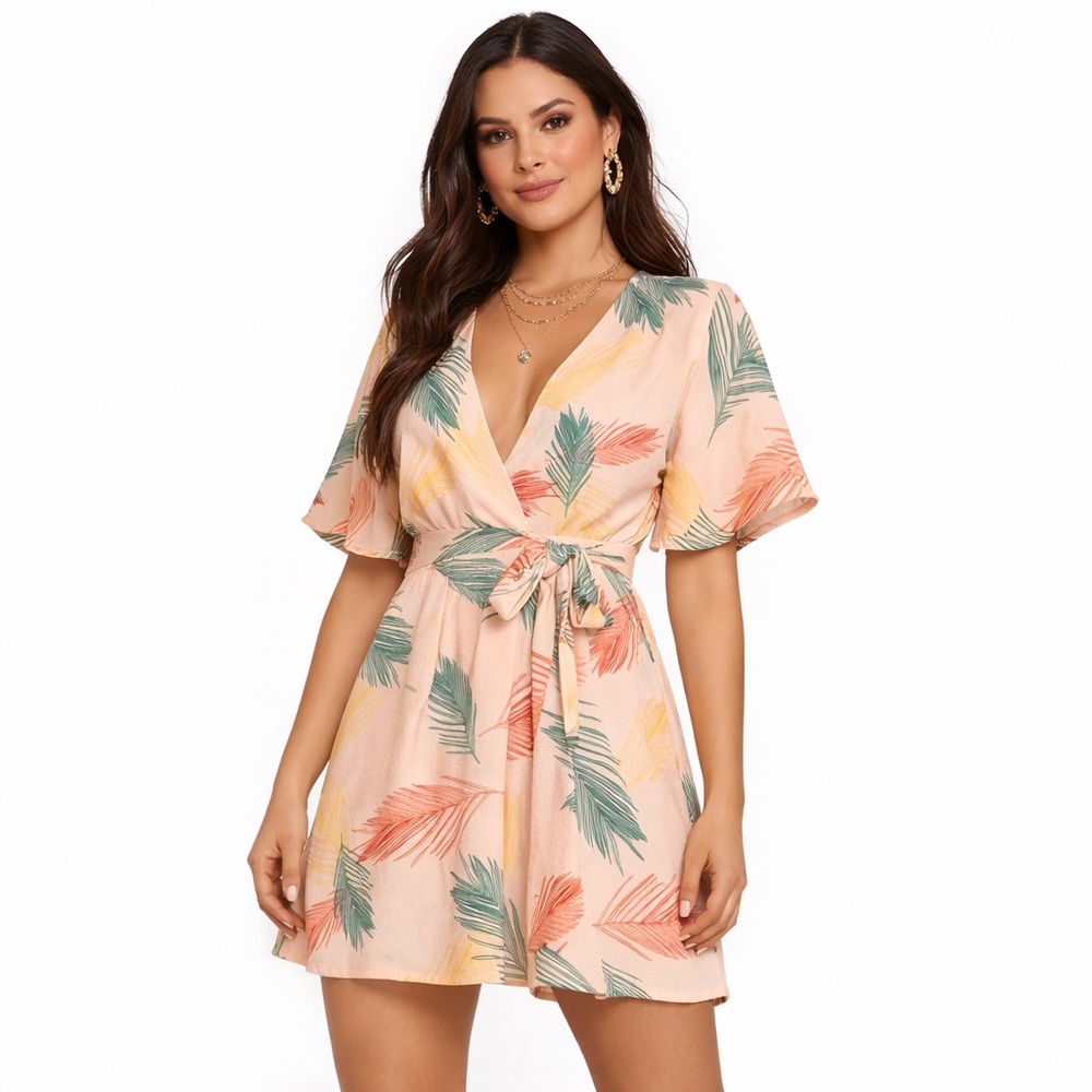 Tropical Palm Print Wrap Dress XS Peach Tie Waist Plunge Mini